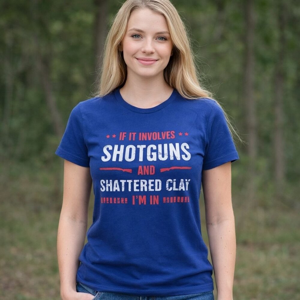 T Shirt If It Involves Shotguns & Shattered Clay Womens M Graphic Tee Blue Mediu